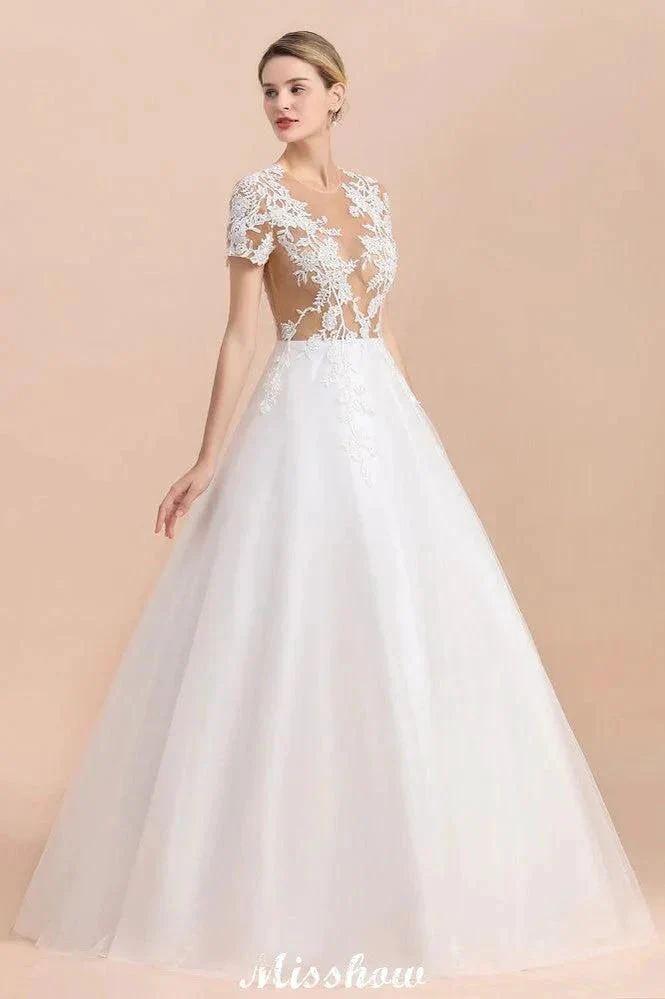 Elegant Short Sleeve Ball Gown White Lace Appliques Wedding Dress - Image 6