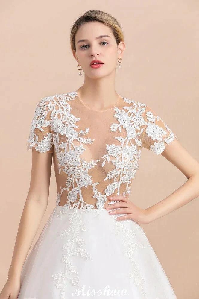 Elegant Short Sleeve Ball Gown White Lace Appliques Wedding Dress - Image 7