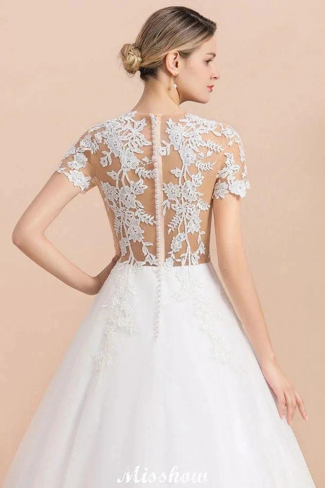 Elegant Short Sleeve Ball Gown White Lace Appliques Wedding Dress - Image 8