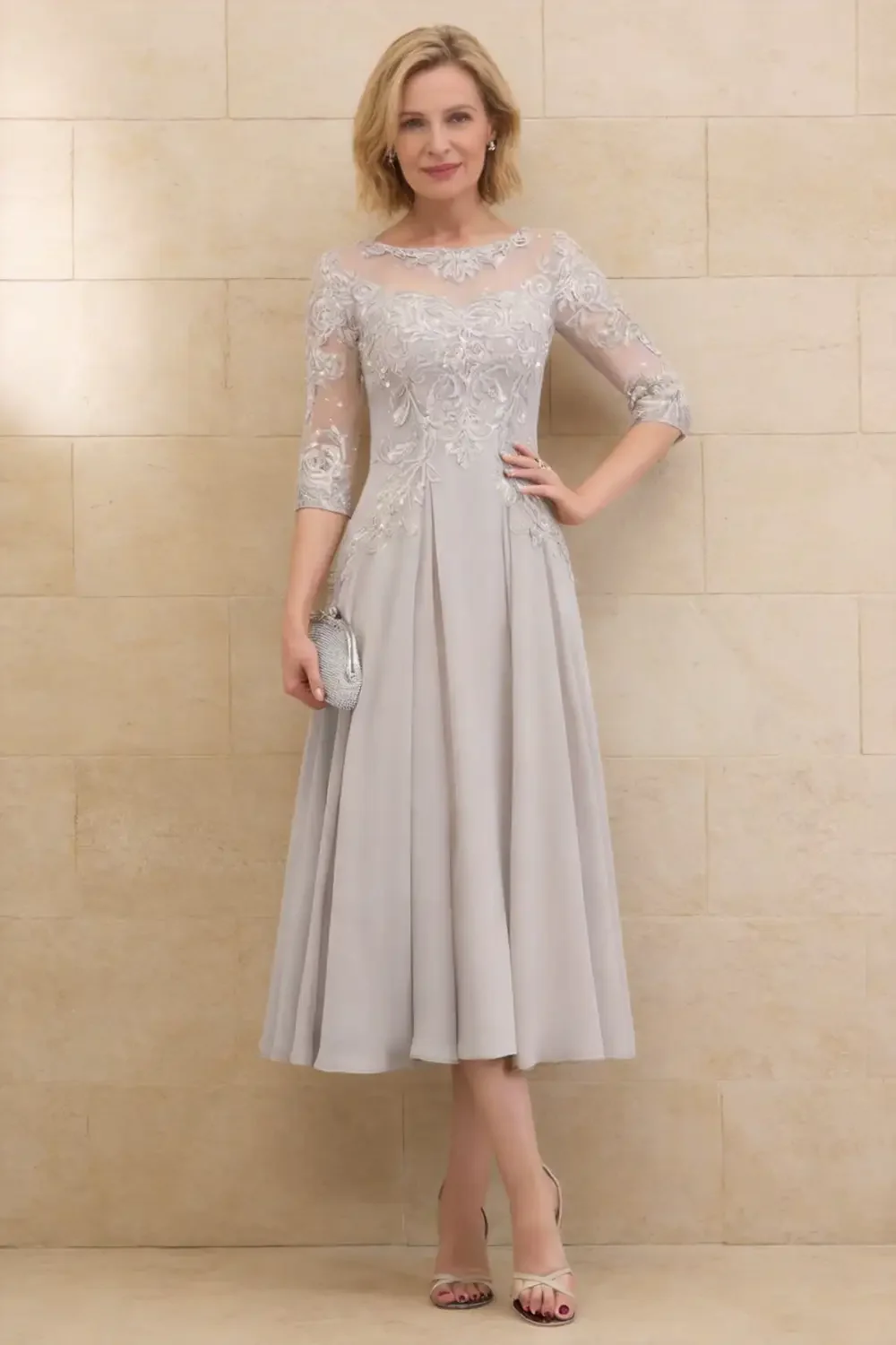 Elegant Silver Gray Lace Chiffon Tea Length Dress For Mother Of The Bride - Image 2