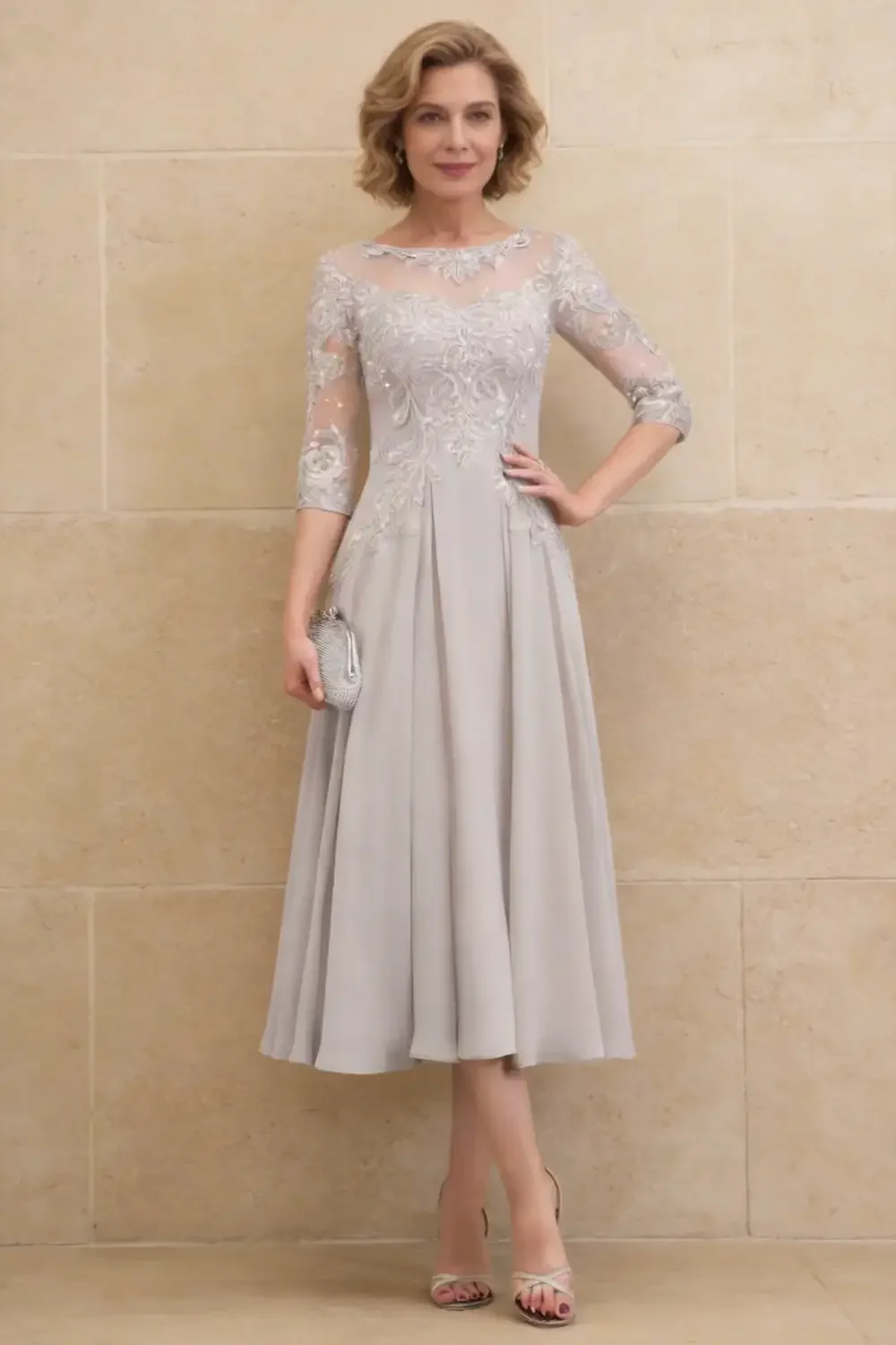 Elegant Silver Gray Lace Chiffon Tea Length Dress For Mother Of The Bride - Image 3
