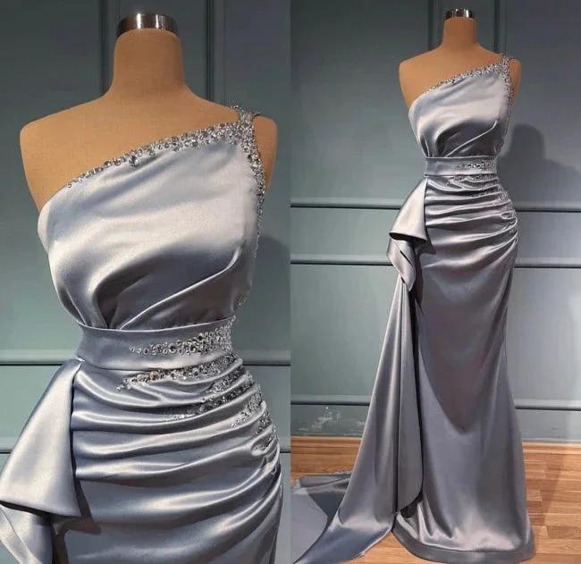 Elegant Silver Long Glitter One Shoulder Sleeveless Sequined Evening Dresses - Image 3