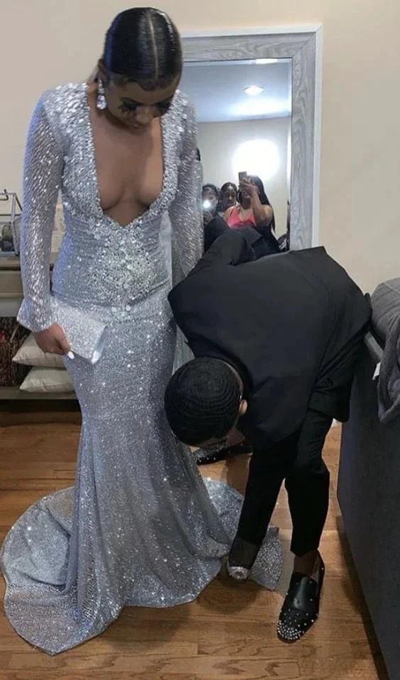 Elegant Silver Sequins Mermaid Evening Dress Sexy Charming Evening Gown Y808 - Image 2