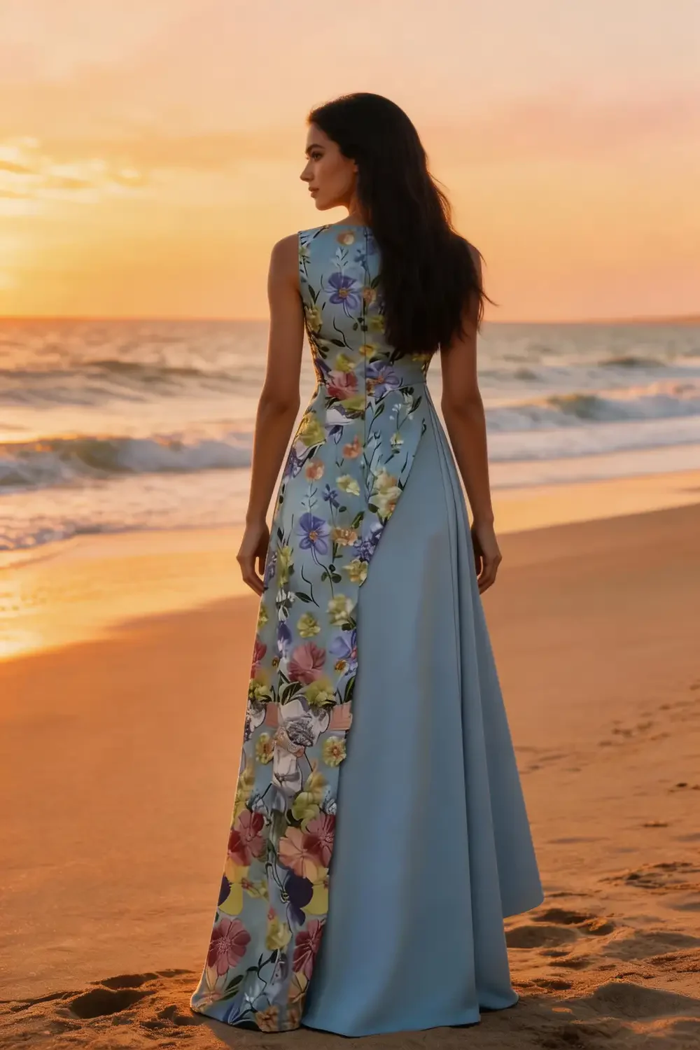 Sky Blue Floral Print Asymmetrical Maxi Dress For Summer Events - Image 3