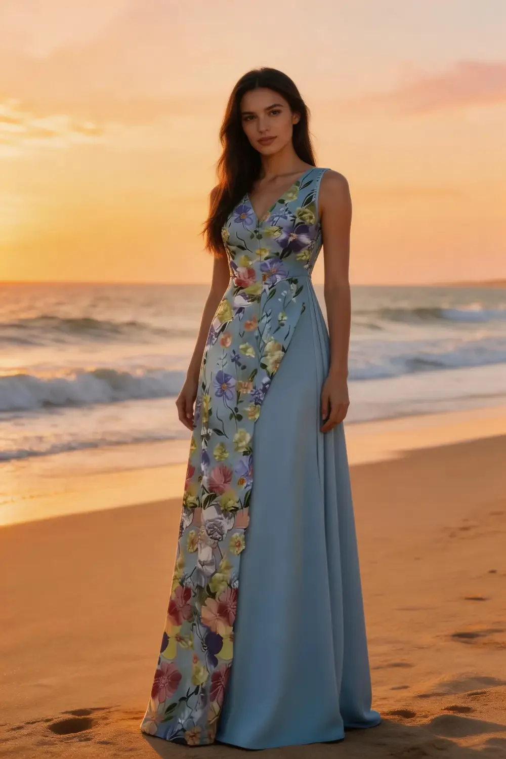 Sky Blue Floral Print Asymmetrical Maxi Dress For Summer Events - Image 4