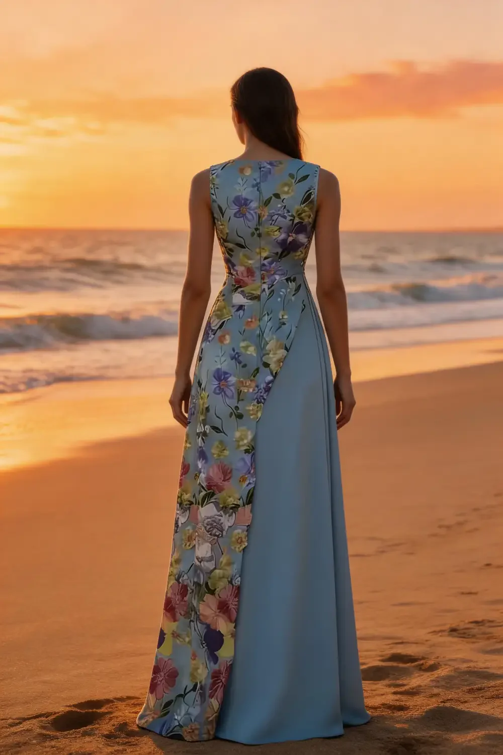 Sky Blue Floral Print Asymmetrical Maxi Dress For Summer Events - Image 5