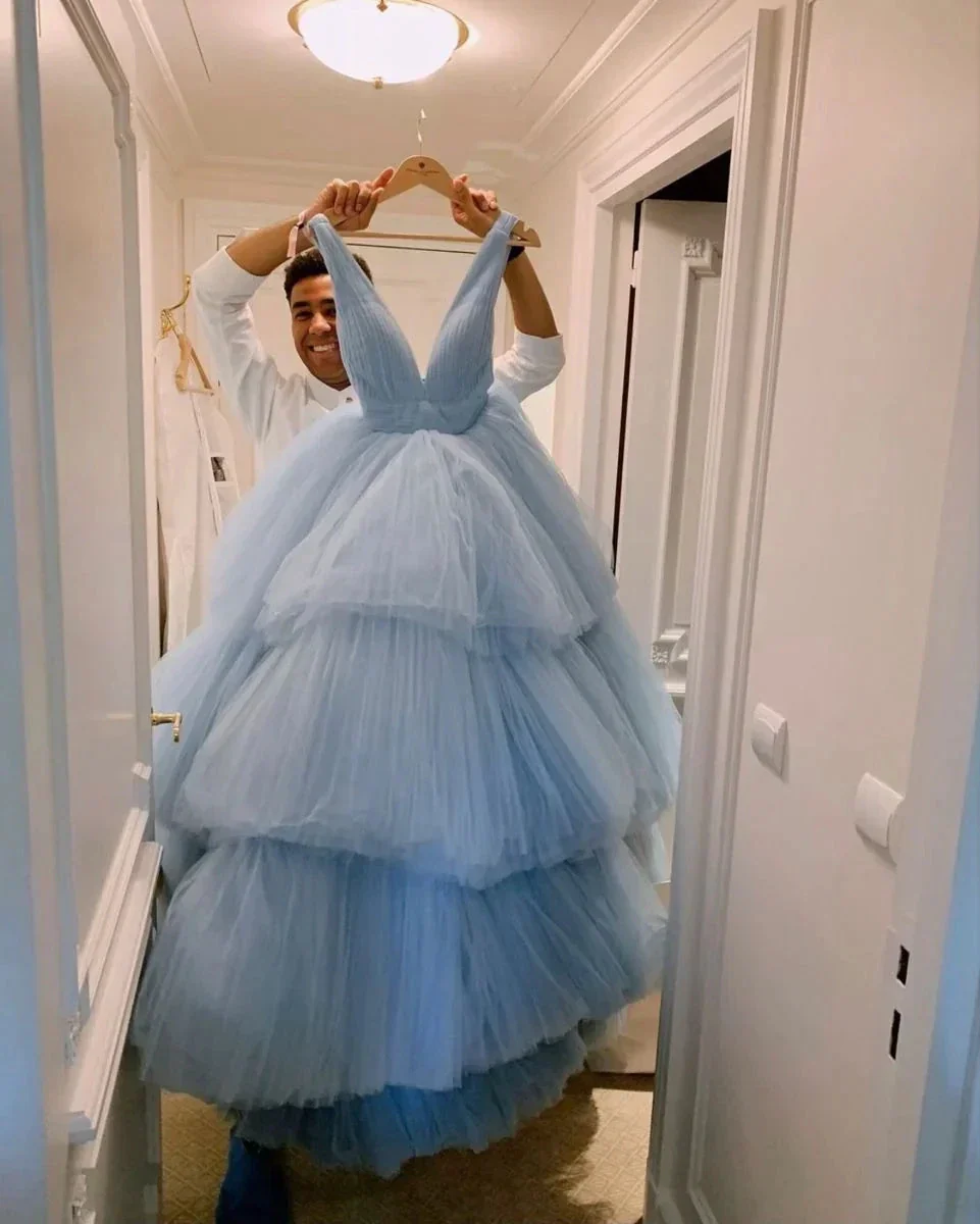 Elegant Sky Blue V-neck A-line Backless Long Prom Dress Evening Dress Y4813 - Image 2