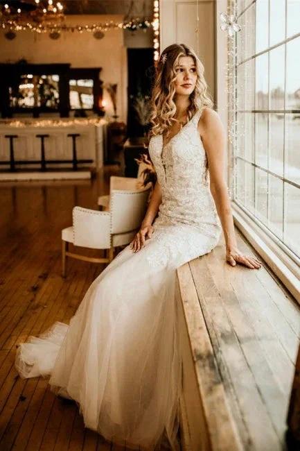 Elegant Sleeveless Straps V-neck A-Line Tulle Wedding Dress with Ruffles - Image 3