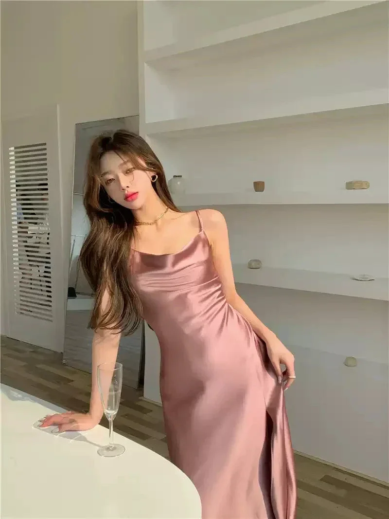 Elegant Spaghetti Strap Silk Side Slit Midi Semi Formal Dress,Sexy Slim Evening Dress For Women Y1197 - Image 3