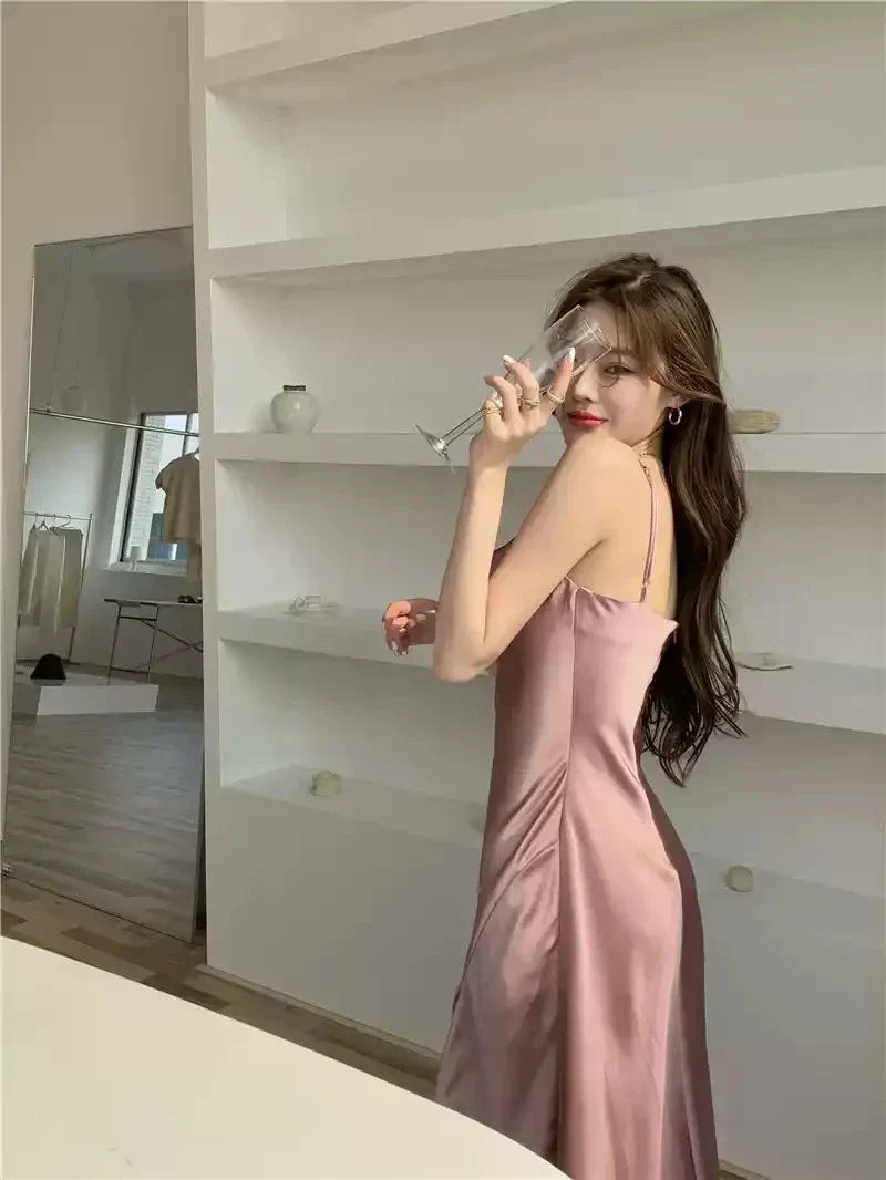 Elegant Spaghetti Strap Silk Side Slit Midi Semi Formal Dress,Sexy Slim Evening Dress For Women Y1197 - Image 5