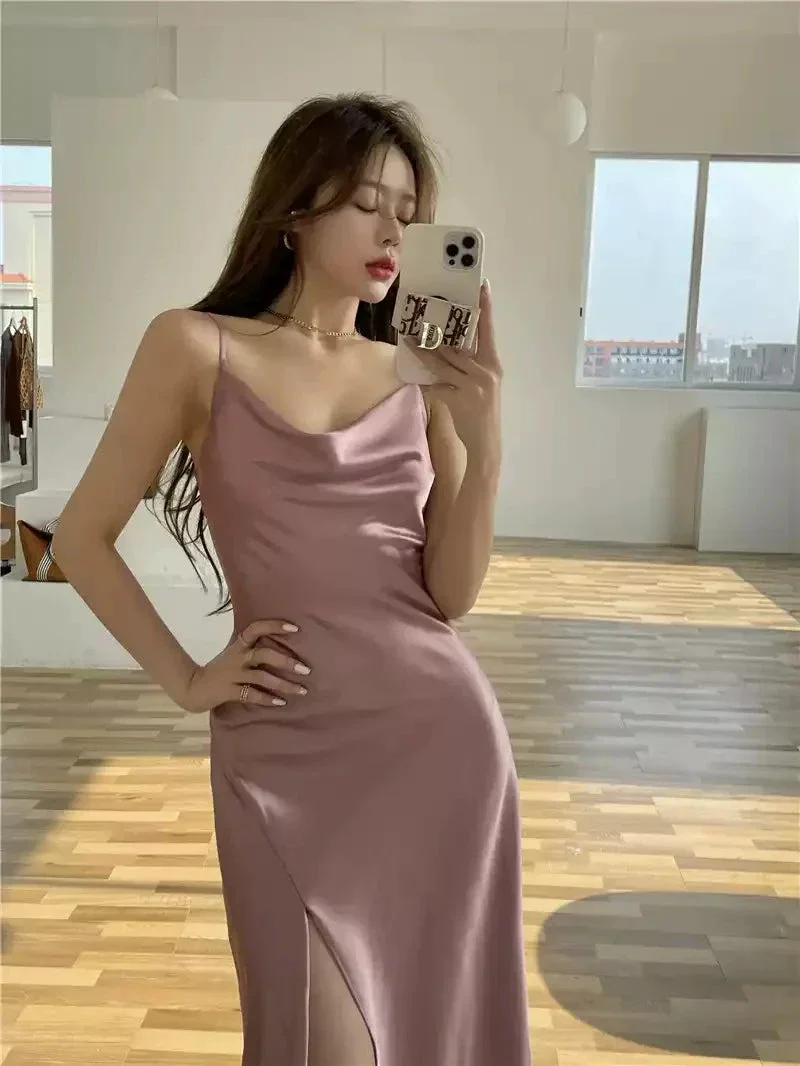 Elegant Spaghetti Strap Silk Side Slit Midi Semi Formal Dress,Sexy Slim Evening Dress For Women Y1197 - Image 6
