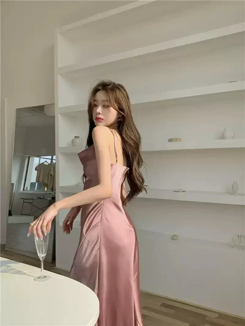 Elegant Spaghetti Strap Silk Side Slit Midi Semi Formal Dress,Sexy Slim Evening Dress For Women Y1197 - Image 7