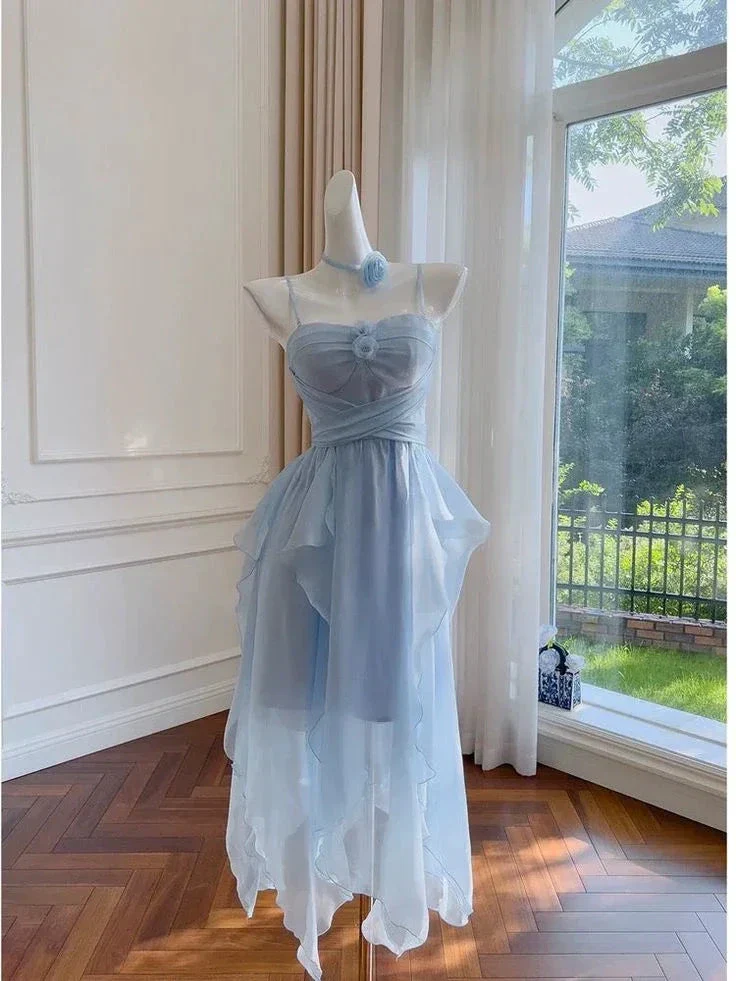 Elegant Spaghetti Straps Blue Chiffon Homecoming Dress Birthday Dress Y7573 - Image 2