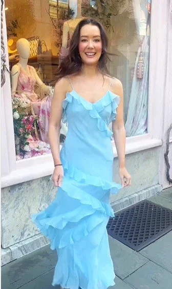 Elegant Spaghetti Straps Blue Ruffle Chiffon Prom Dress Backless Evening Dress Y8267 - Image 2