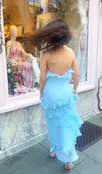 Elegant Spaghetti Straps Blue Ruffle Chiffon Prom Dress Backless Evening Dress Y8267 - Image 3