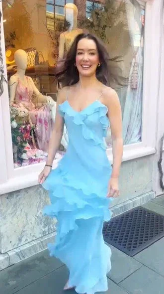 Elegant Spaghetti Straps Blue Ruffle Chiffon Prom Dress Backless Evening Dress Y8267 - Image 4