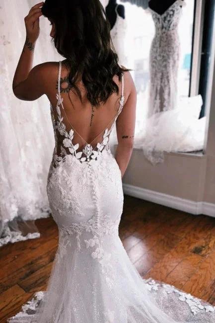 Elegant spaghetti straps sleeveless mermaid lace wedding dress - Image 3