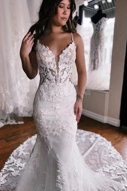 Elegant spaghetti straps sleeveless mermaid lace wedding dress - Image 4