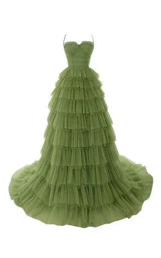 Elegant Spaghetti Straps Tulle Prom Dress,Olive Green Evening Gown Y1244 - Image 2