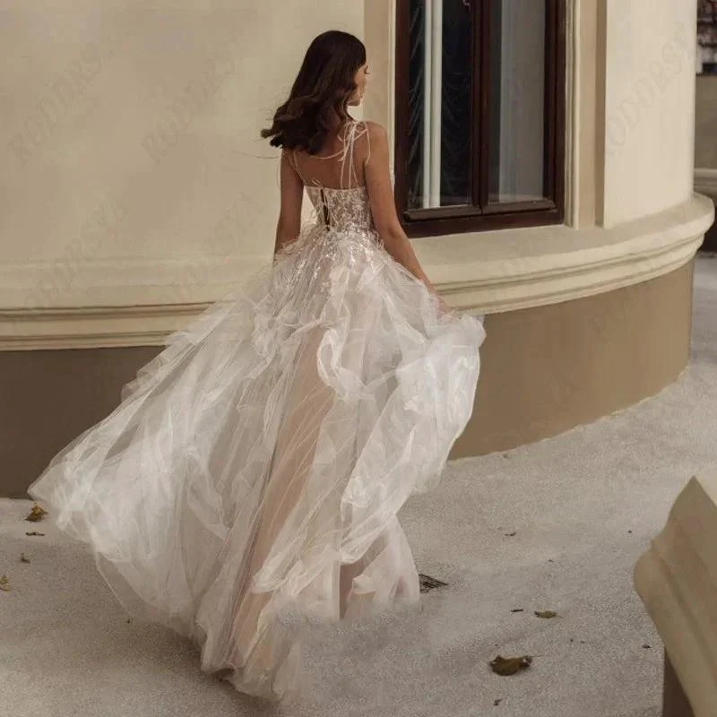 Elegant Spaghetti Straps Wedding Dress Sexy Lace Up Backless Robe Romantic Square Collar Tulle Bridal Gowns - Image 2