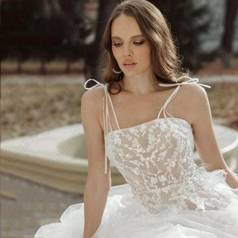 Elegant Spaghetti Straps Wedding Dress Sexy Lace Up Backless Robe Romantic Square Collar Tulle Bridal Gowns - Image 3