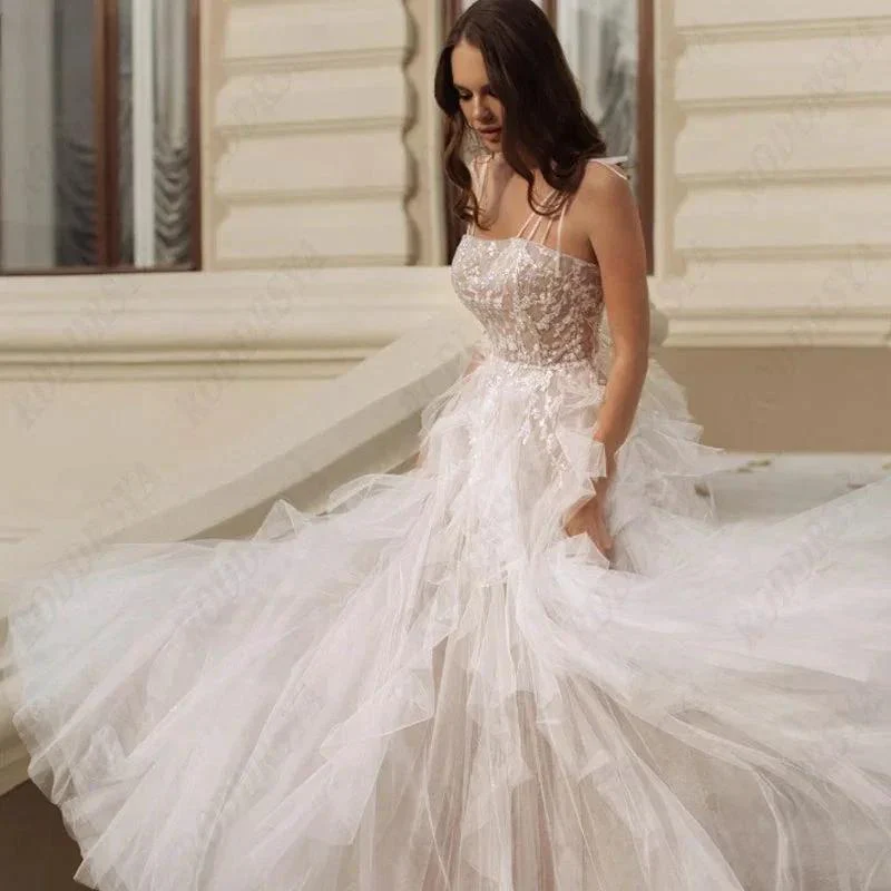 Elegant Spaghetti Straps Wedding Dress Sexy Lace Up Backless Robe Romantic Square Collar Tulle Bridal Gowns - Image 4