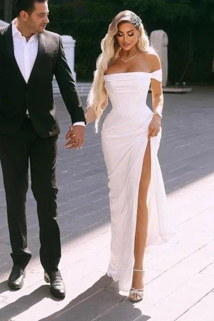 Elegant Split Front Off-The-Shoulder Stain Short Sleeves Floor-Length Wedding Dresses with Ruffles - Image 2