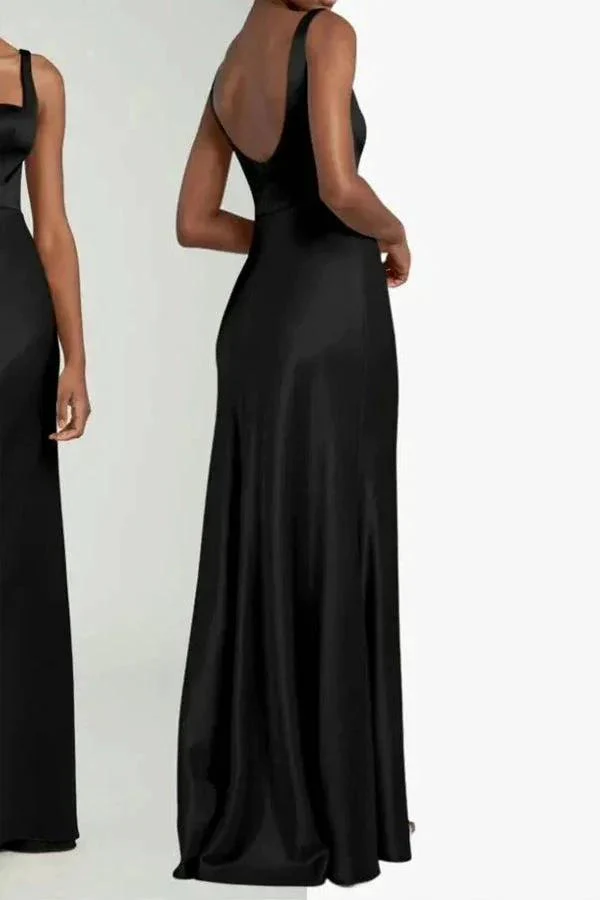 Elegant Square Neck Long Black Bridesmaid Dress BD128 - Image 3