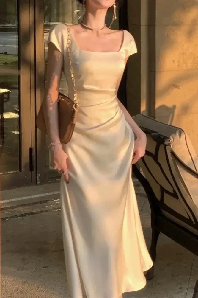 Elegant Square Neck Long Party Dress Beige Satin Mermiad Prom Evening Dress Y7576 - Image 2