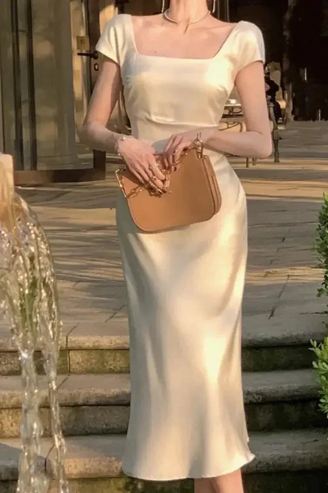 Elegant Square Neck Long Party Dress Beige Satin Mermiad Prom Evening Dress Y7576 - Image 3