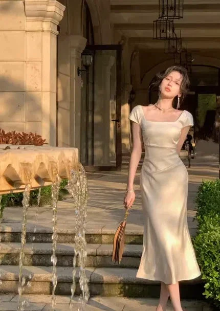 Elegant Square Neck Long Party Dress Beige Satin Mermiad Prom Evening Dress Y7576 - Image 4