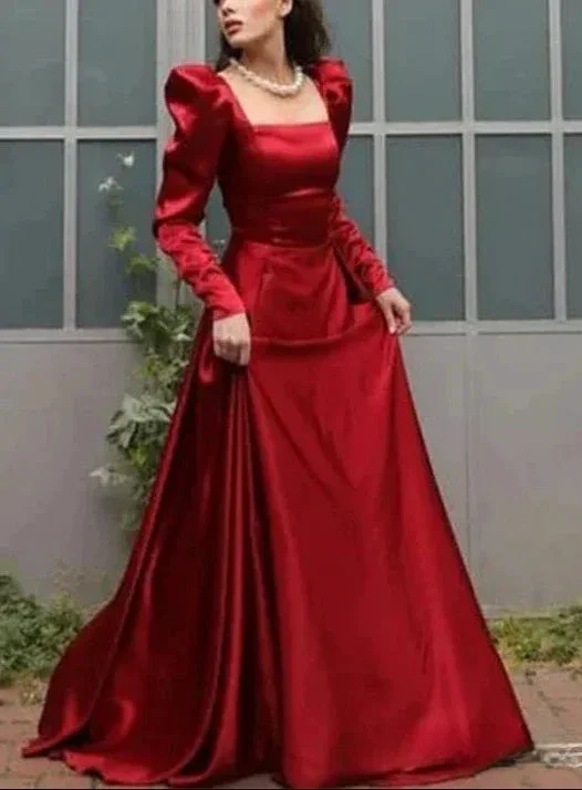 Elegant Square Neck Red Satin A Line Prom Evening Dress Y7855 - Image 2