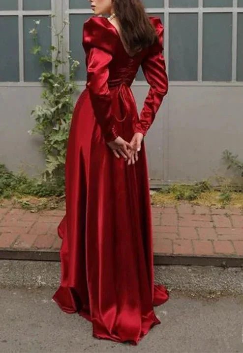 Elegant Square Neck Red Satin A Line Prom Evening Dress Y7855 - Image 3