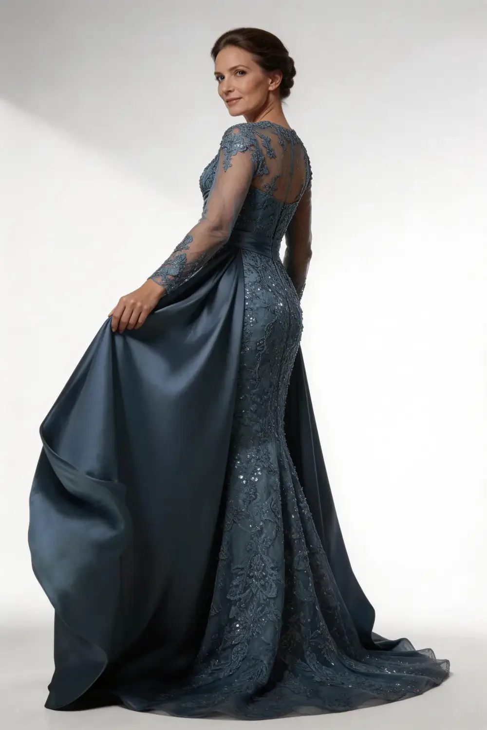 Steel Blue Mermaid Mother of the Bride Dress With Detachable Train - Image 2