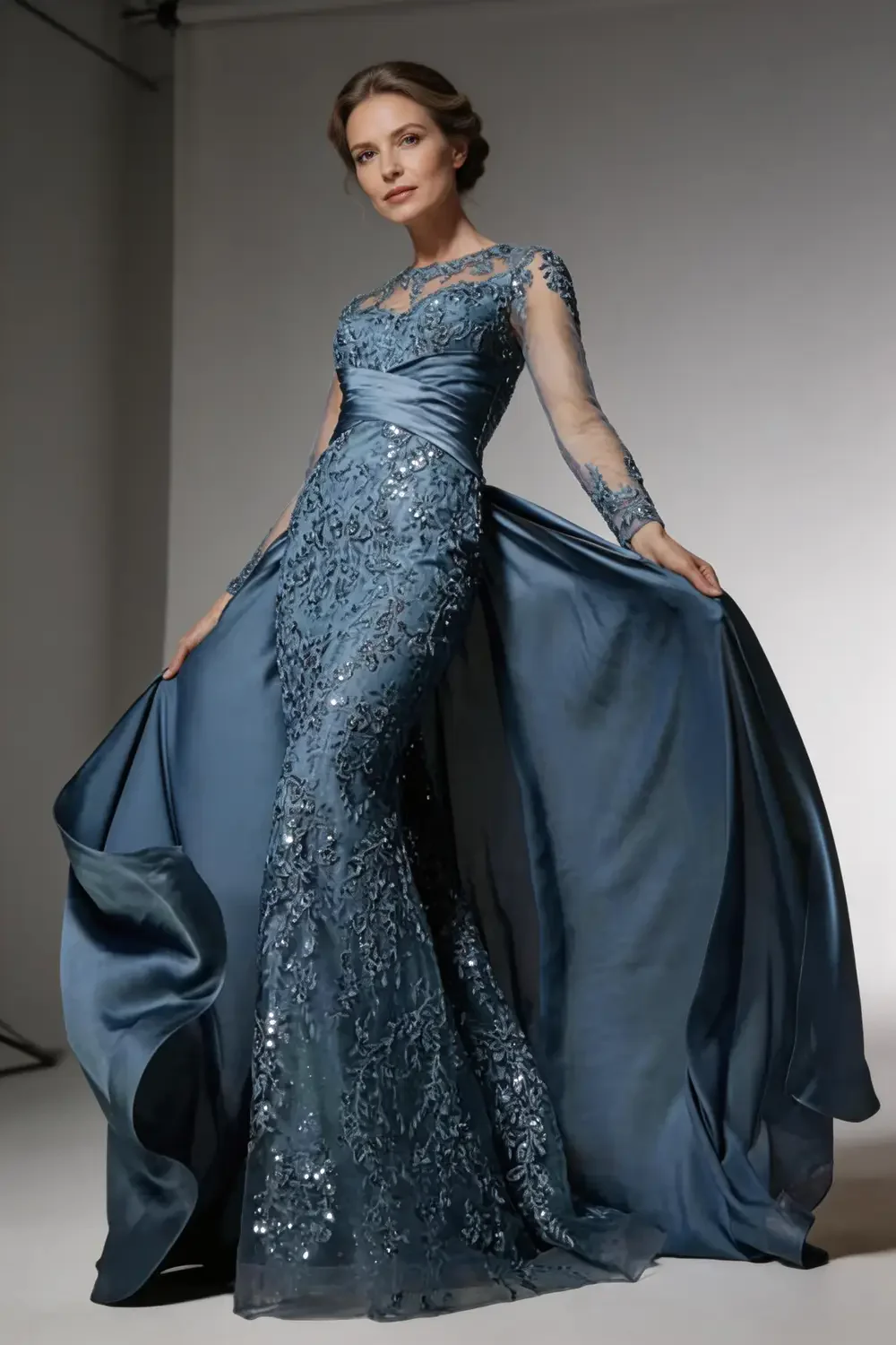 Steel Blue Mermaid Mother of the Bride Dress With Detachable Train - Image 3