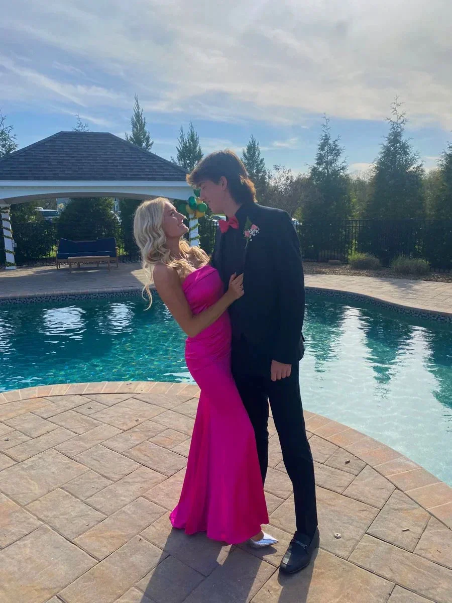 Elegant Strapless Fuchsia Satin Long Prom Dress,Fuchsia Evening Gown Y2254 - Image 2
