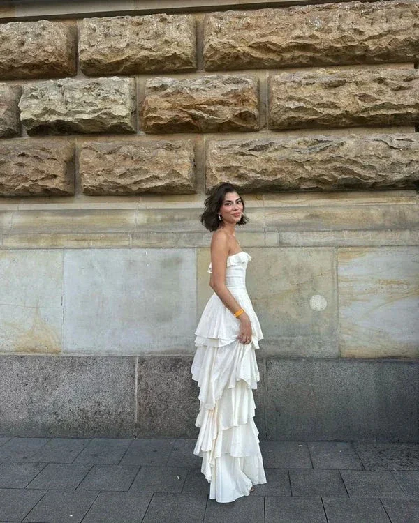 Elegant Strapless Satin Layered Slit Evening Dress,Formal Ivory Prom Dress Wedding Dress Y8247 - Image 2