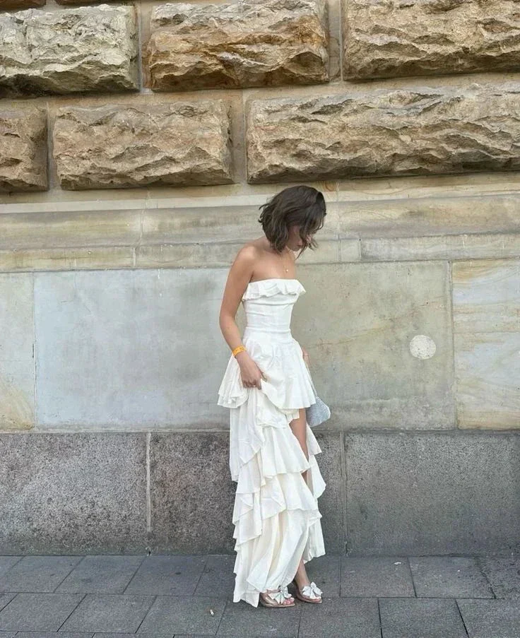 Elegant Strapless Satin Layered Slit Evening Dress,Formal Ivory Prom Dress Wedding Dress Y8247 - Image 3