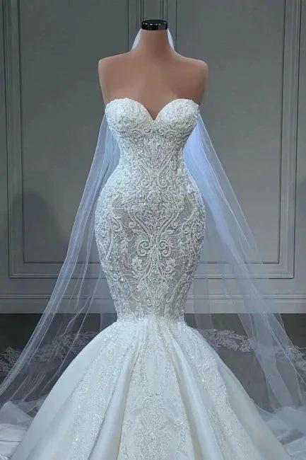 Elegant Strapless Sleeveless Mermaid Satin Floor-Length Wedding Dresses with Lace - Image 2