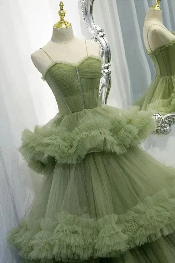 Elegant Straps Pleated Green Tiered Tulle Prom Formal Dress  PSK417 - Image 2