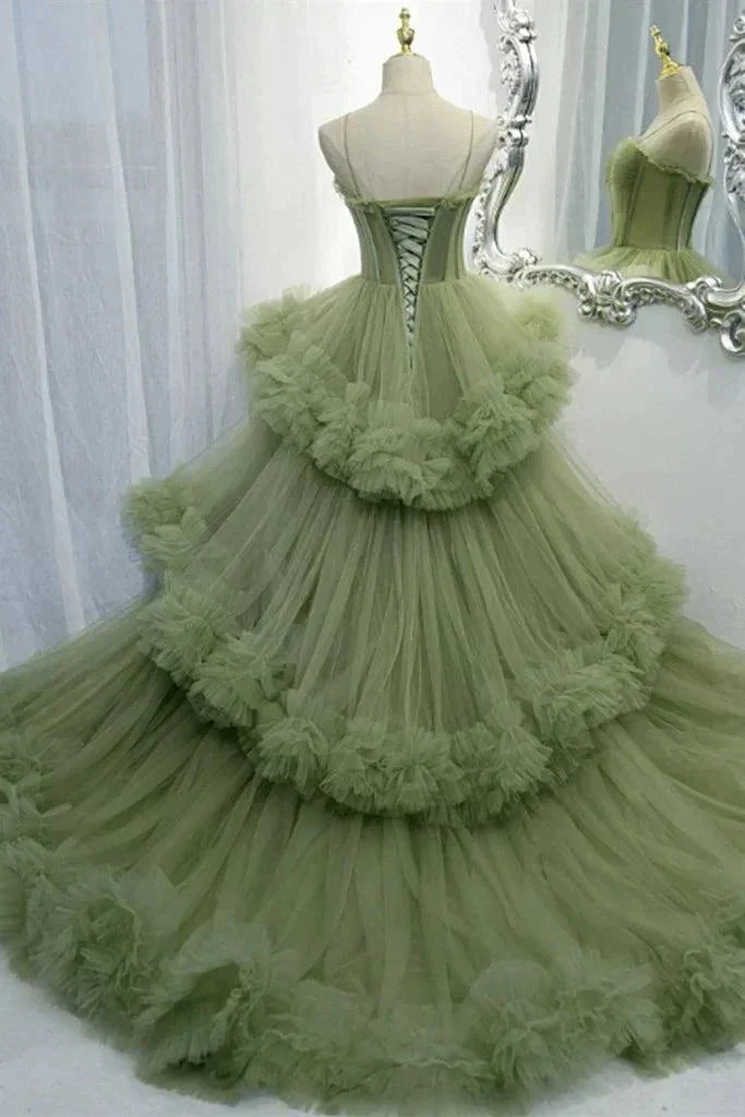 Elegant Straps Pleated Green Tiered Tulle Prom Formal Dress  PSK417 - Image 3