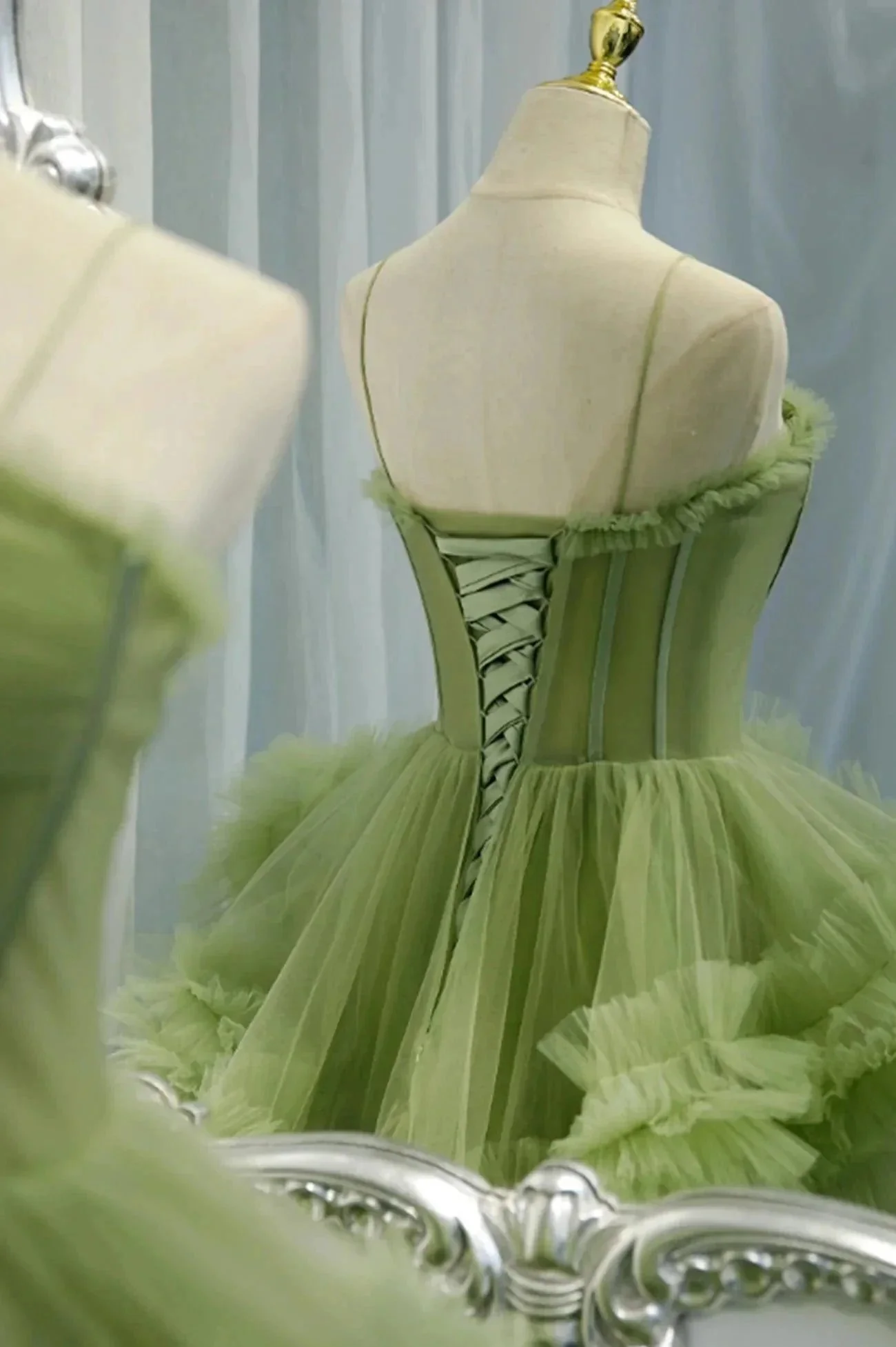 Elegant Straps Pleated Green Tiered Tulle Prom Formal Dress  PSK417 - Image 5