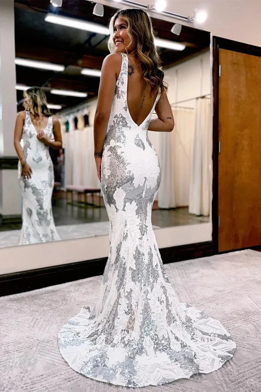 Elegant Straps V-neck Backless Mermaid Prom Dress With Lace - Image 2