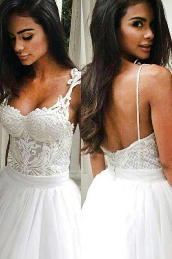 Elegant Sweep Train Backless Wedding Dress with Lace Top Spaghetti Straps WD271 - Image 2