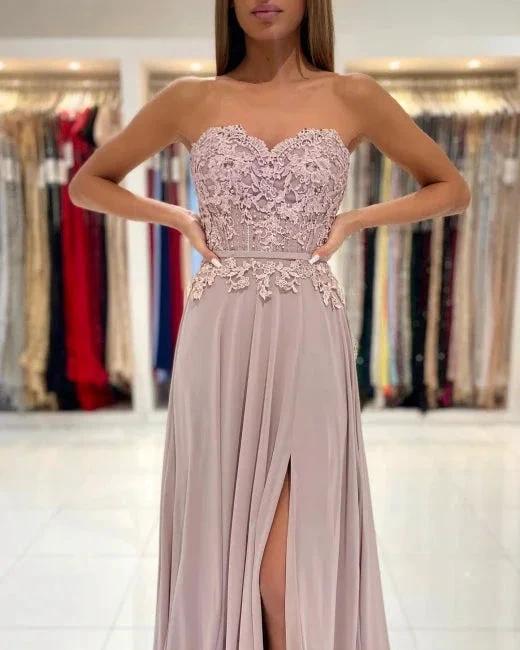 Elegant Sweetheart Appliques A-Line Ruffles Floor-length Prom Dress With Side Slit - Image 2