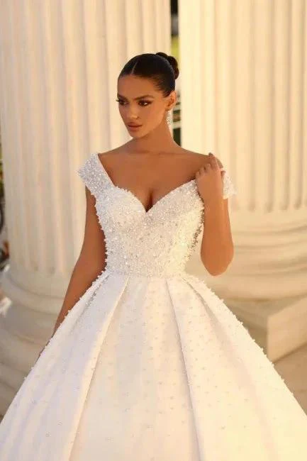 Elegant sweetheart cap sleeves ball gown satin wedding dress sequined - Image 3