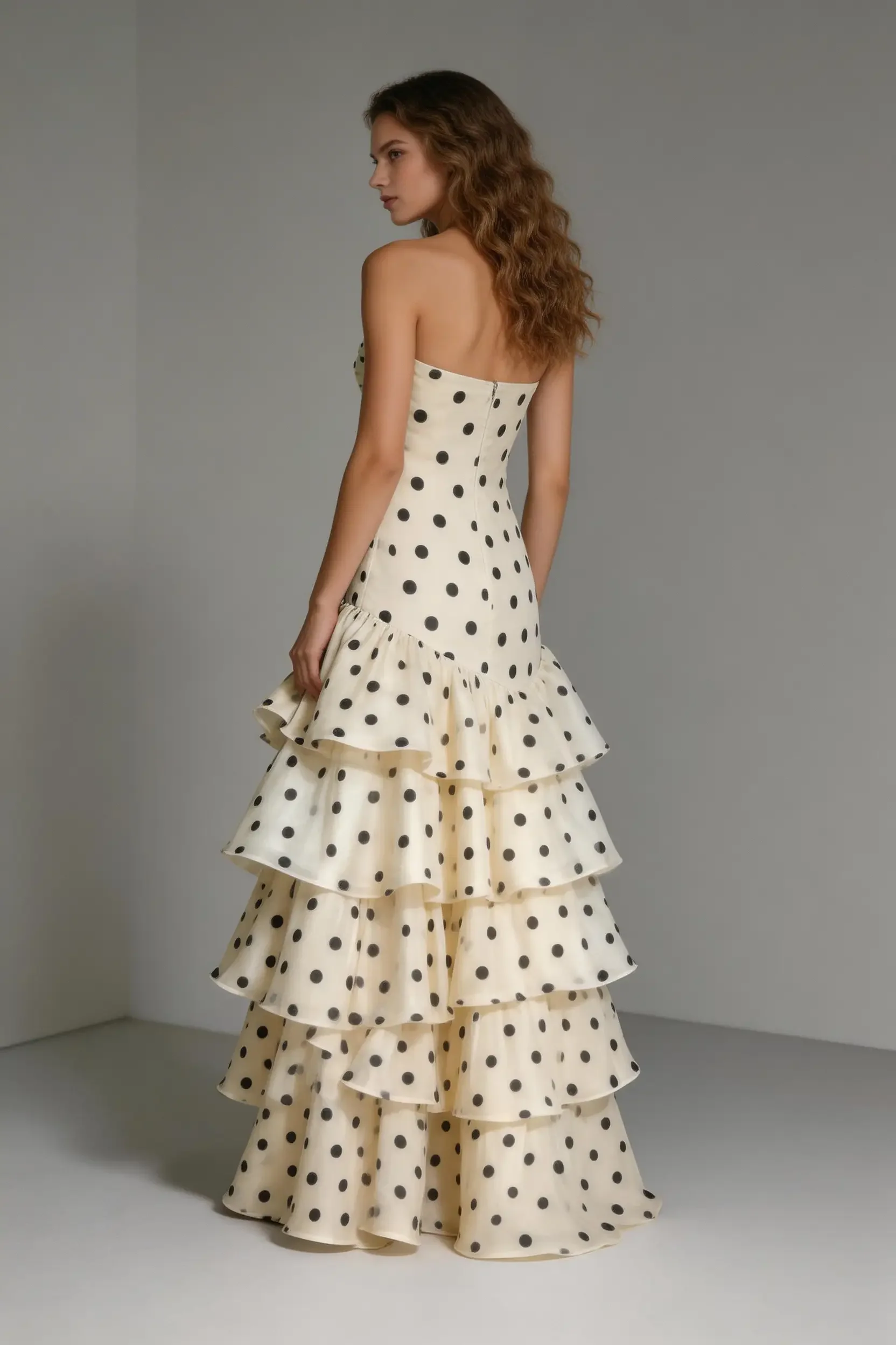 Elegant Sweetheart Dots Ruffle Chiffon Prom Dress Strapless Mermaid Evening Gown - Image 2