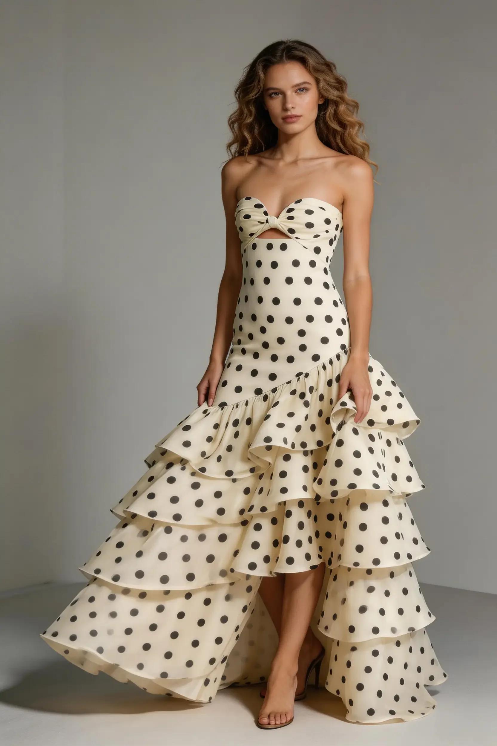 Elegant Sweetheart Dots Ruffle Chiffon Prom Dress Strapless Mermaid Evening Gown - Image 4