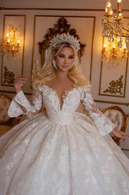 Elegant Sweetheart Long Sleeves Ball Gown Lace Wedding Gowns Bridal Dresses - Image 3