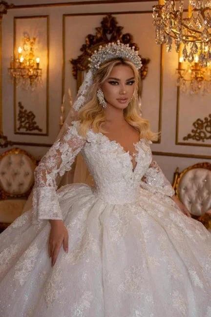 Elegant Sweetheart Long Sleeves Ball Gown Lace Wedding Gowns Bridal Dresses - Image 4